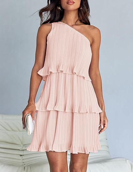 Pink One Shoulder Three Tiered Pleated Dress