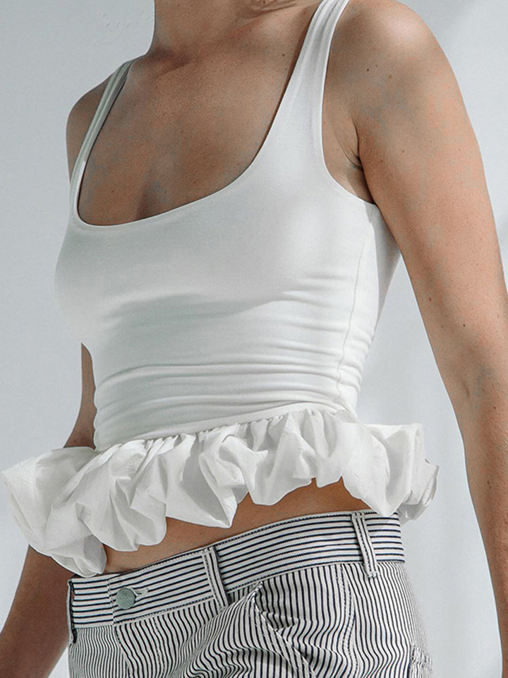 White Scoop Neck Bubble Hem Top