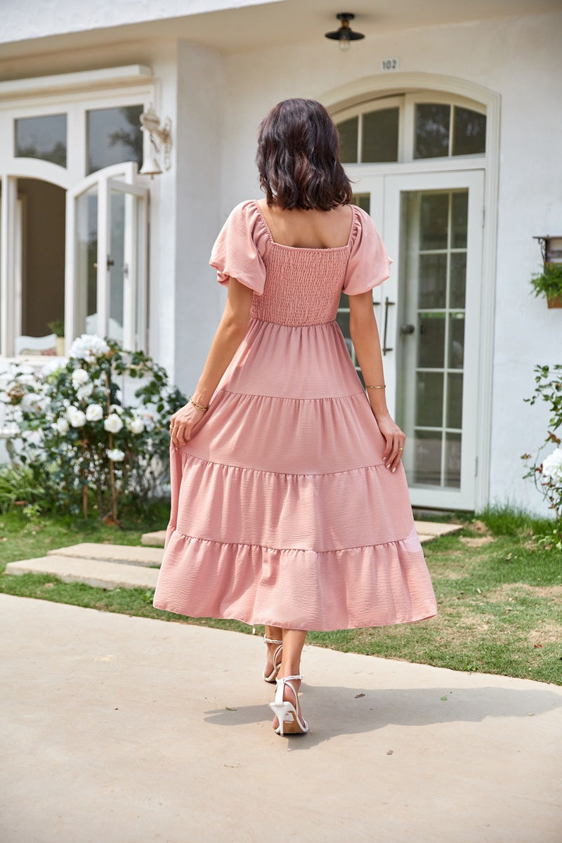 Pink Square Neck Puff Sleeved Tiered Dress