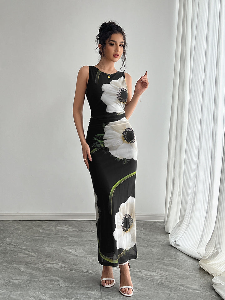 Black Sleeveless Floral Printed Dress