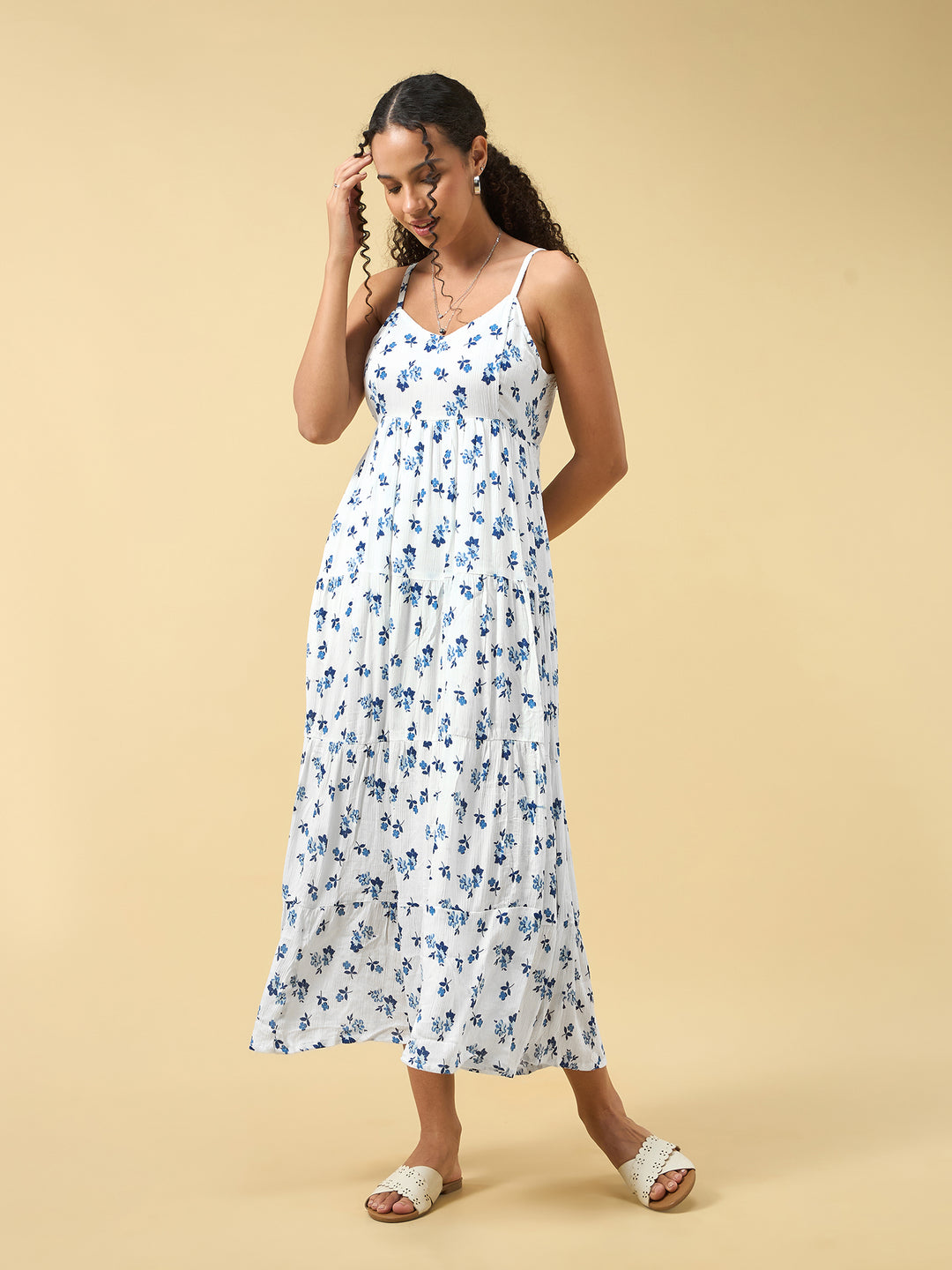 Blue A-Line Tiered Dress With Tie Up Detail At The Back