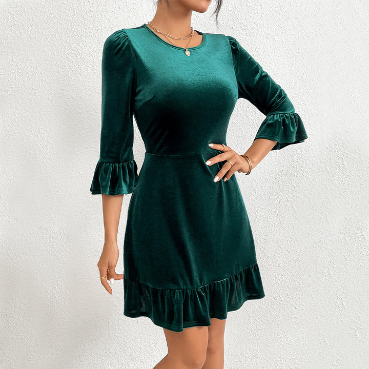 Green High Neck Velour Skater Dress