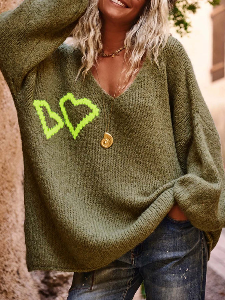 Olive Full Sleeves V Neck Printed Sweater