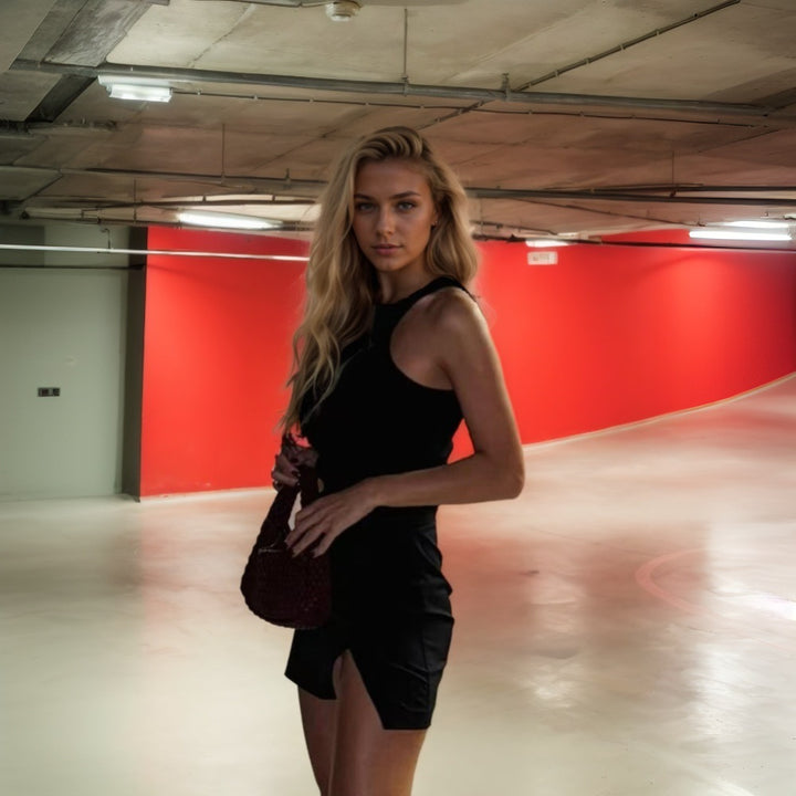 Black Halter Neck Sleeveless Slit Dress
