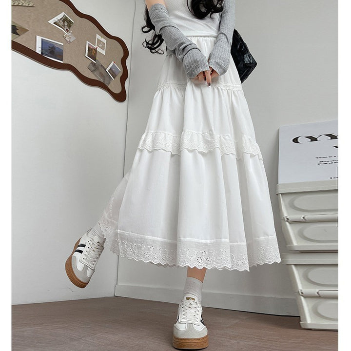 White A Line Midi Skirt With Lace Detail