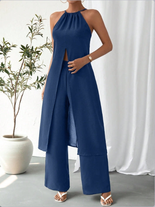 Navy Blue Longline Top With High Slit At Front With Straight Fit Pant Co-Ord Set