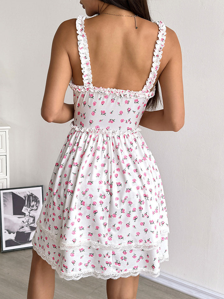 White Frilly Strapped Printed Mini Dress