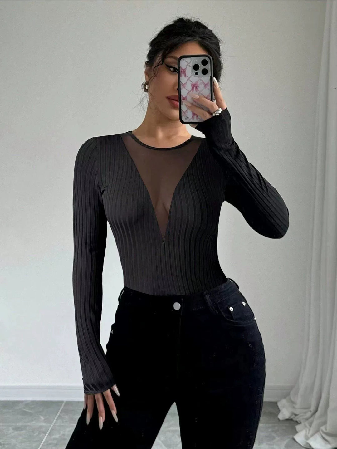 Black Full Sleeve Round Neck Fitted Top