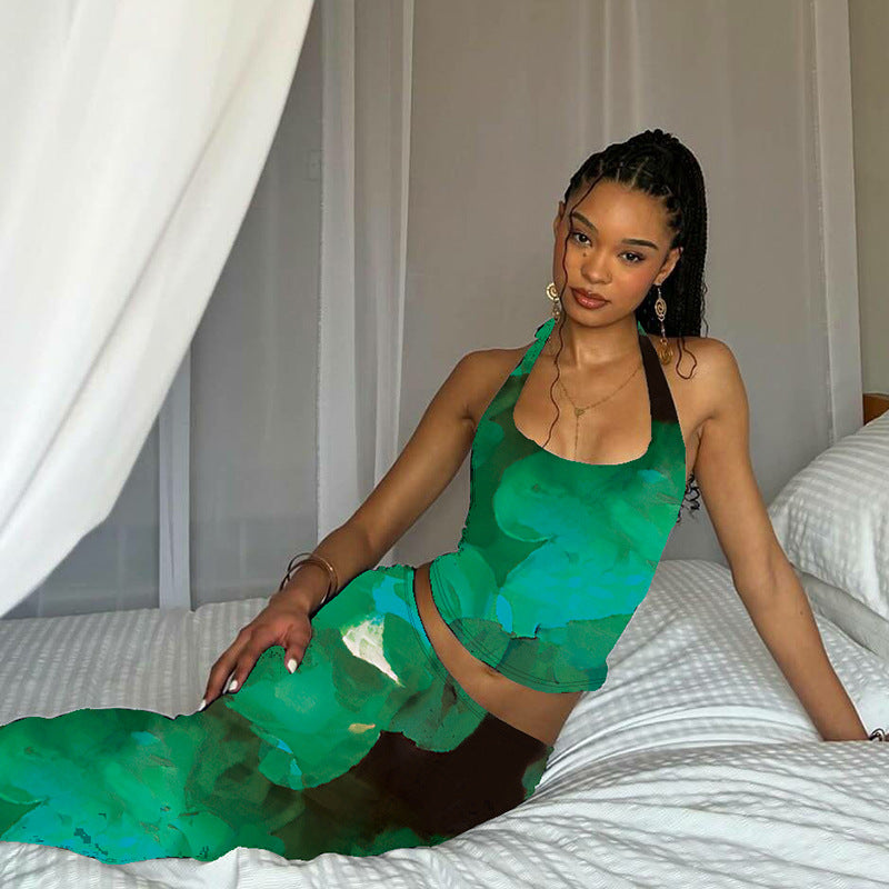 Green Printed Halter Top With Skirt Co-Ord Set