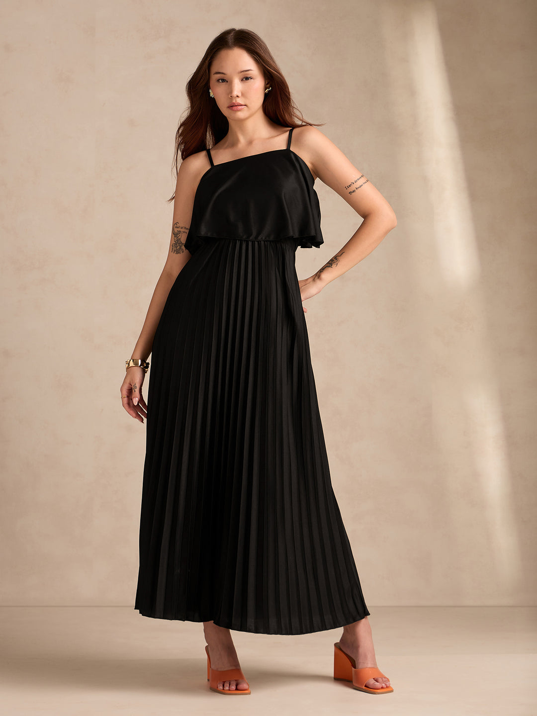 Black Strappy Pleated Maxi Dress