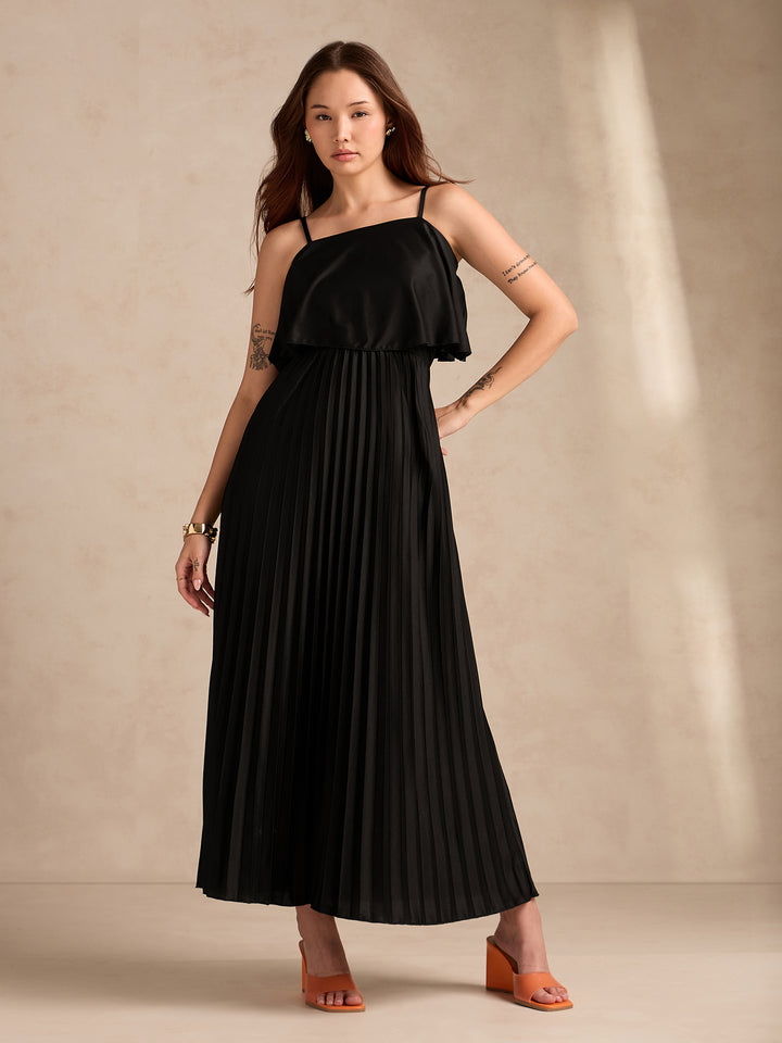Black Strappy Pleated Maxi Dress