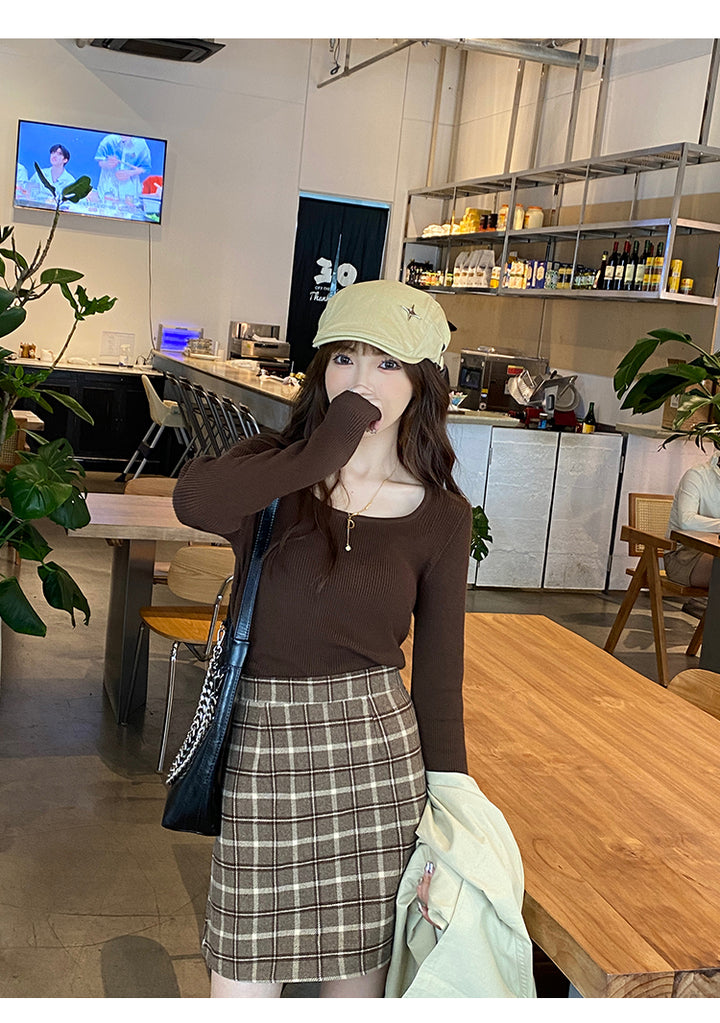 Brown Full Sleeve Scoop Neck Top