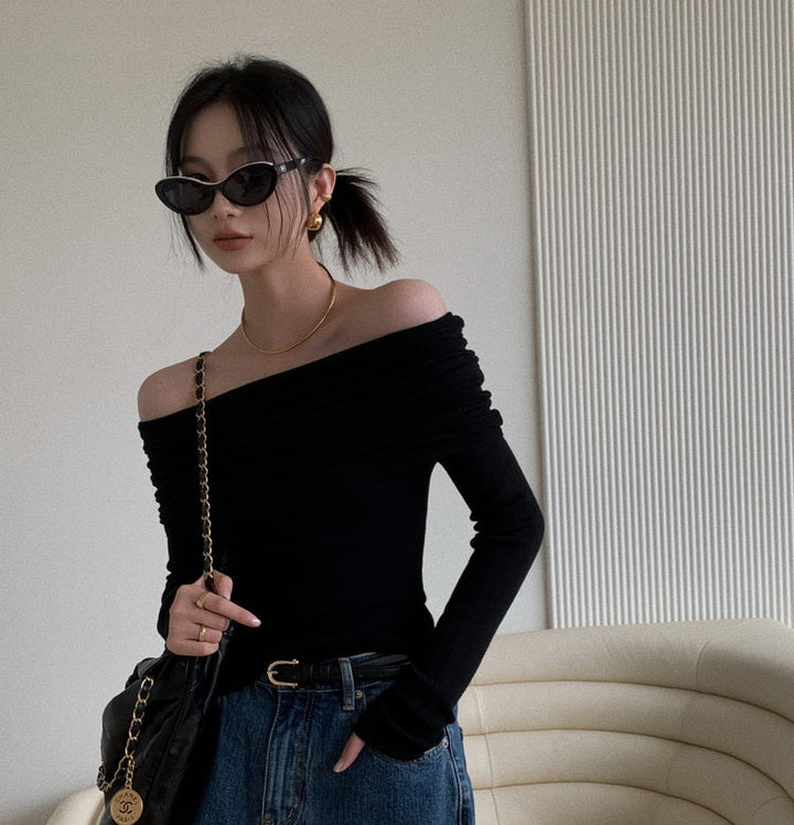 Black Full Sleeve Off Shoulder Twisted Neck Fitted Top