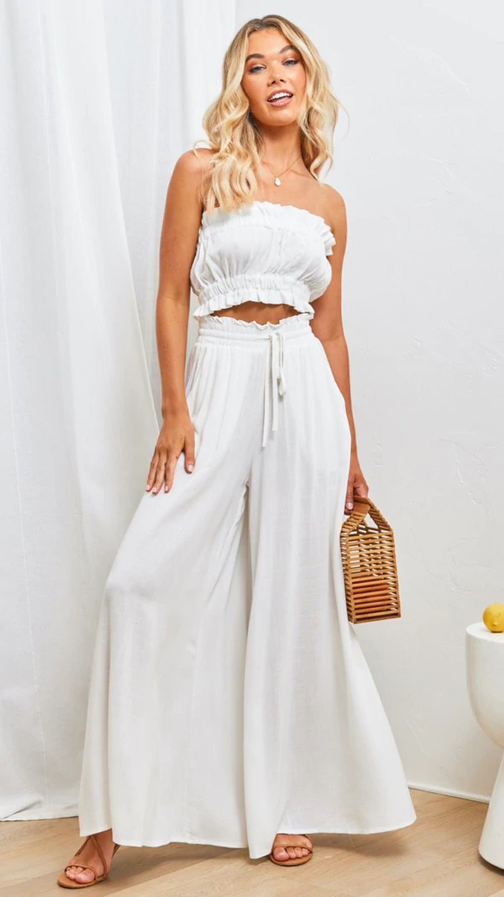 White Elasticated Waist Band Wide Leg Trouser