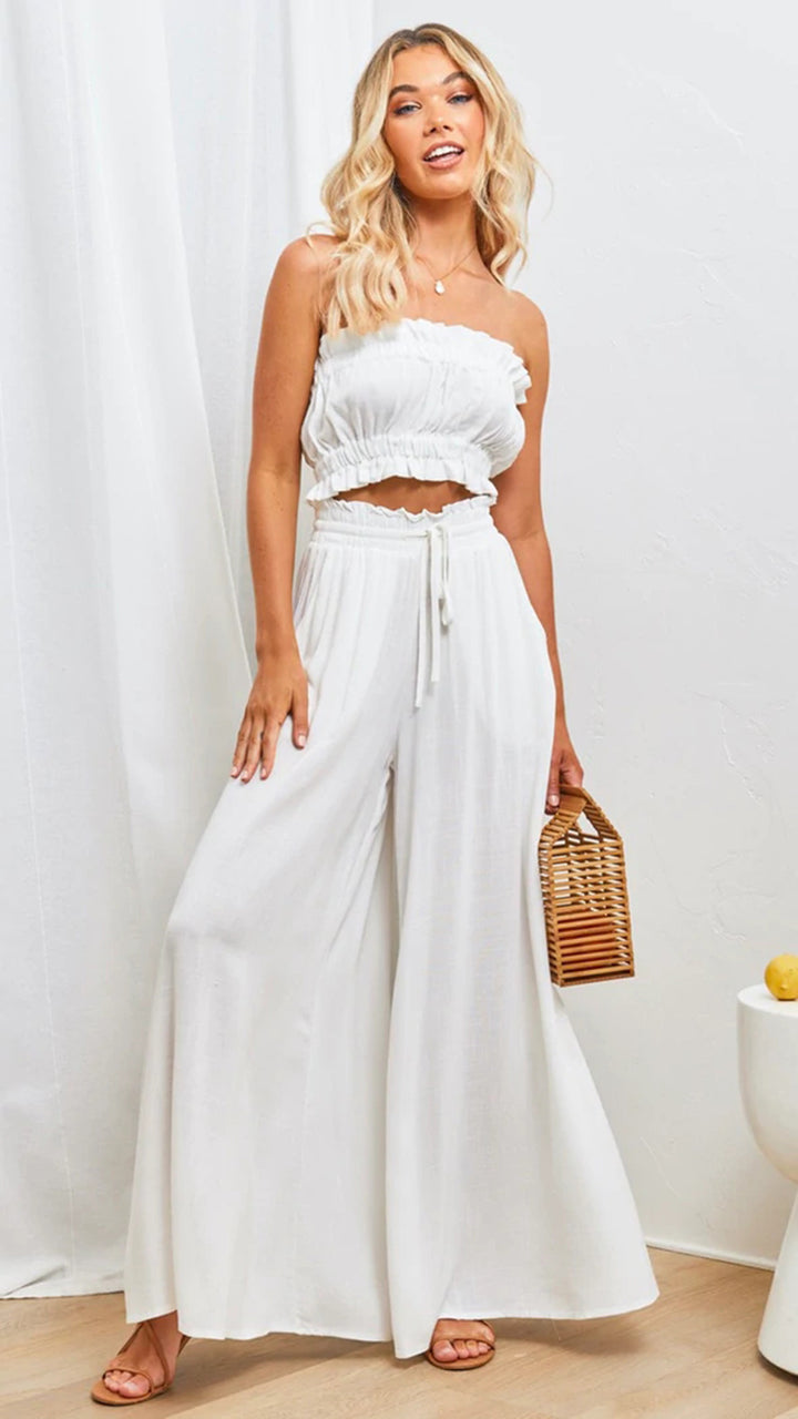 White Elasticated Waist Band Wide Leg Trouser