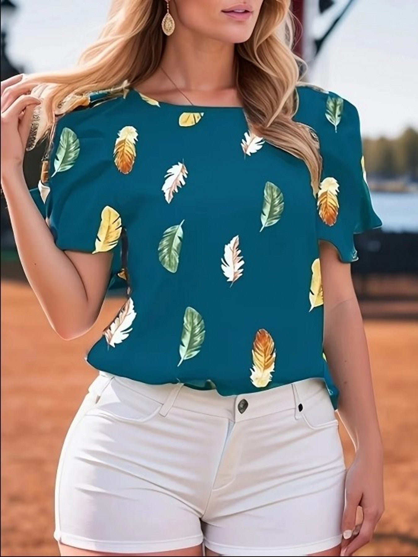 Dark Green Half Puff Sleeves Printed Top