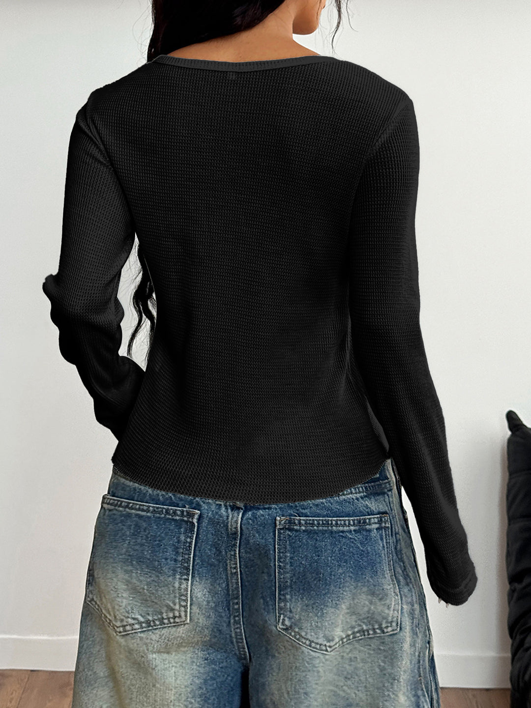 Black Textured Button Down Top