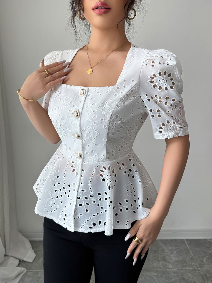 White Schiffly Peplum Top