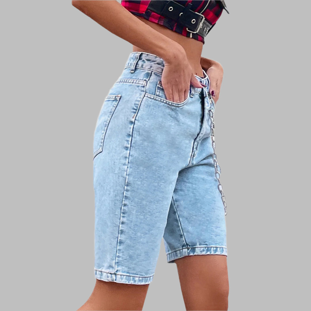 Light Blue Bermuda Denim Shorts With Freyed Hem