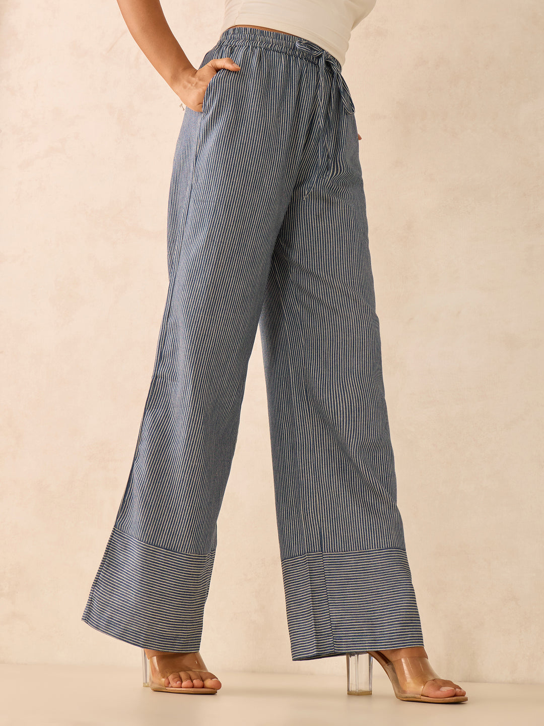 Blue Wide Leg Stripes Trousers