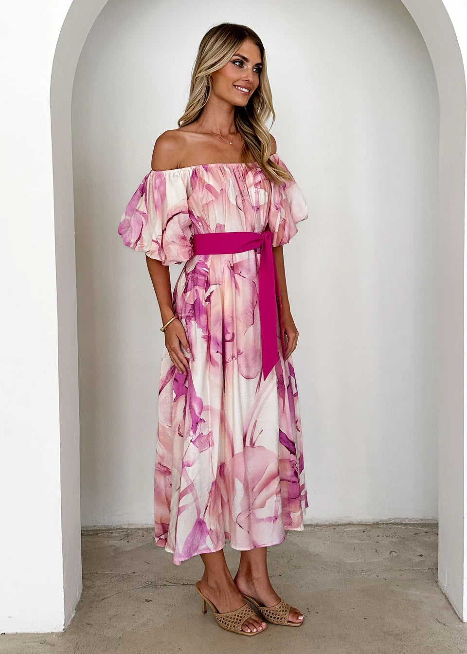 Pink Off Shoulder Waist Tie-Up Dress