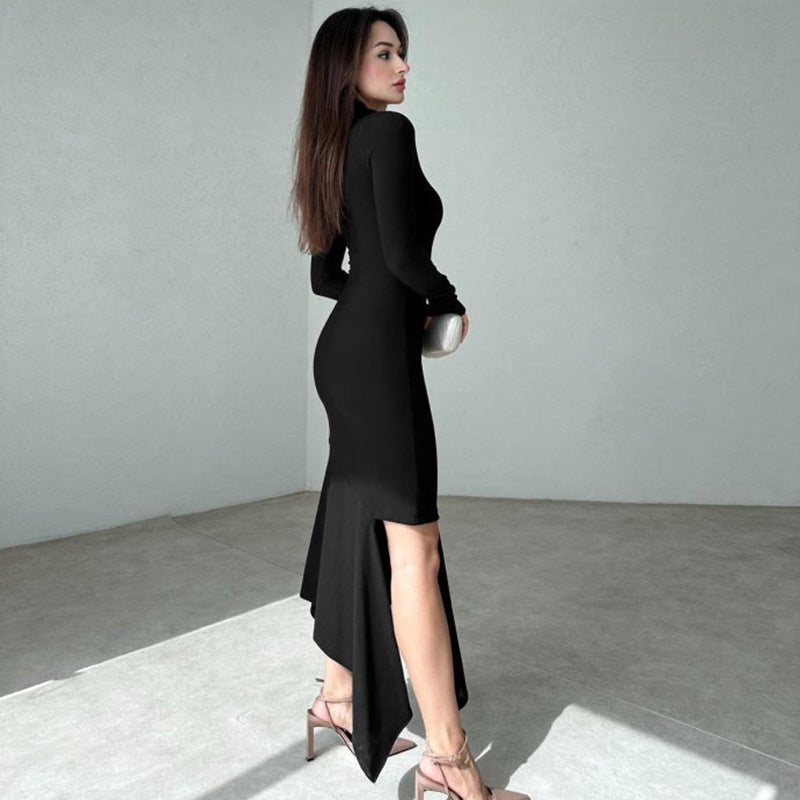 Black High-Neck Dress With Slit