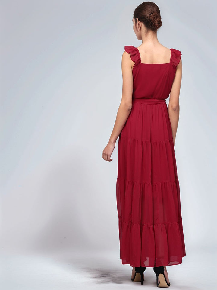 Red Shoulder Strap Waist Tie-Up Dress