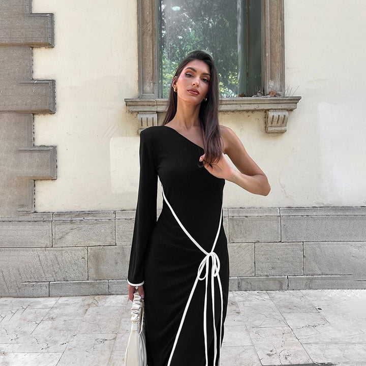 Black One Shoulder With One Full Sleeves Midi Dress