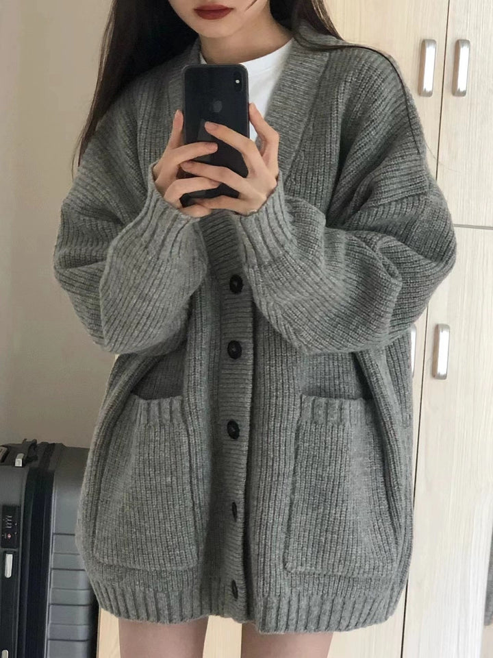 Grey Full Sleeve Double Pockets Slouchy Cardigans