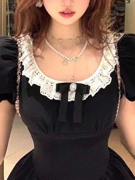 Black Puff Sleeve Mini Dress With Lace Detail