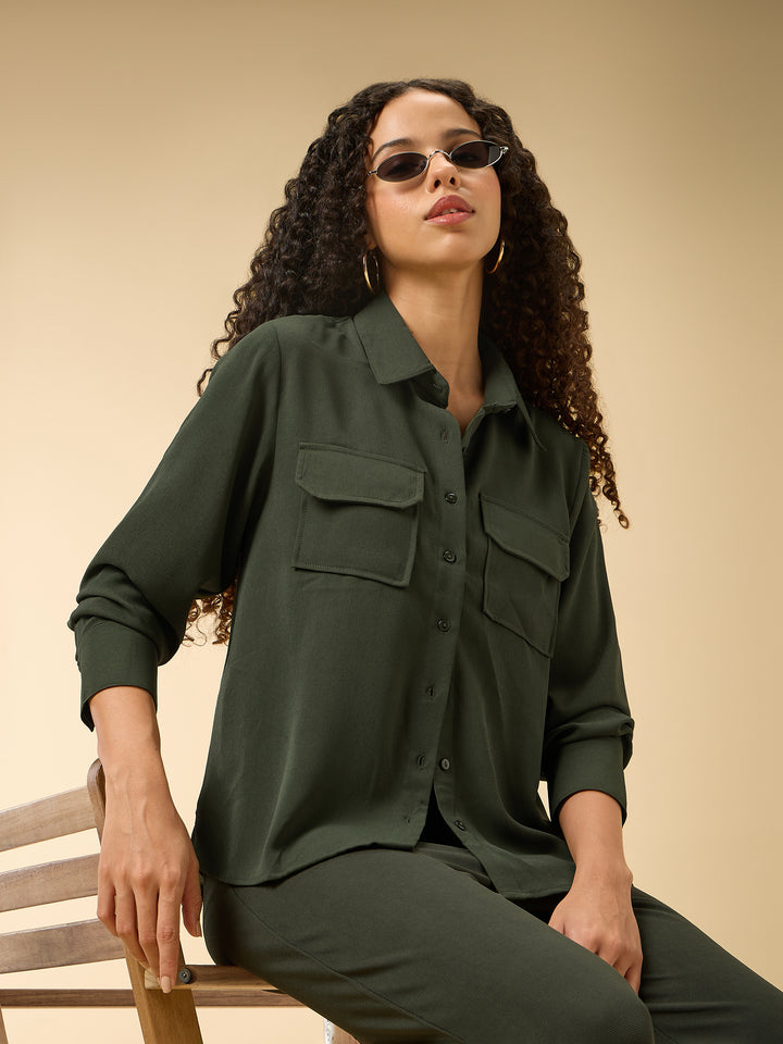 Green Relaxed Fit Shirt With Pocket Details