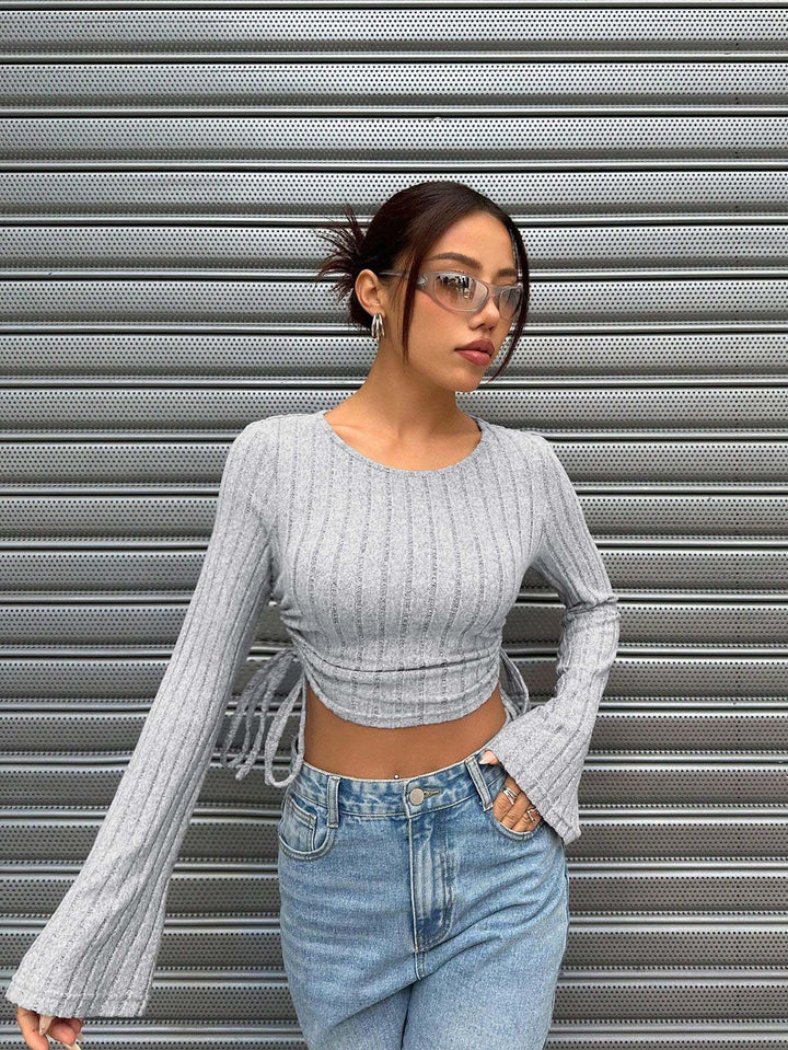 Grey Wide Spaced Rib With Ruching At The Sides Top