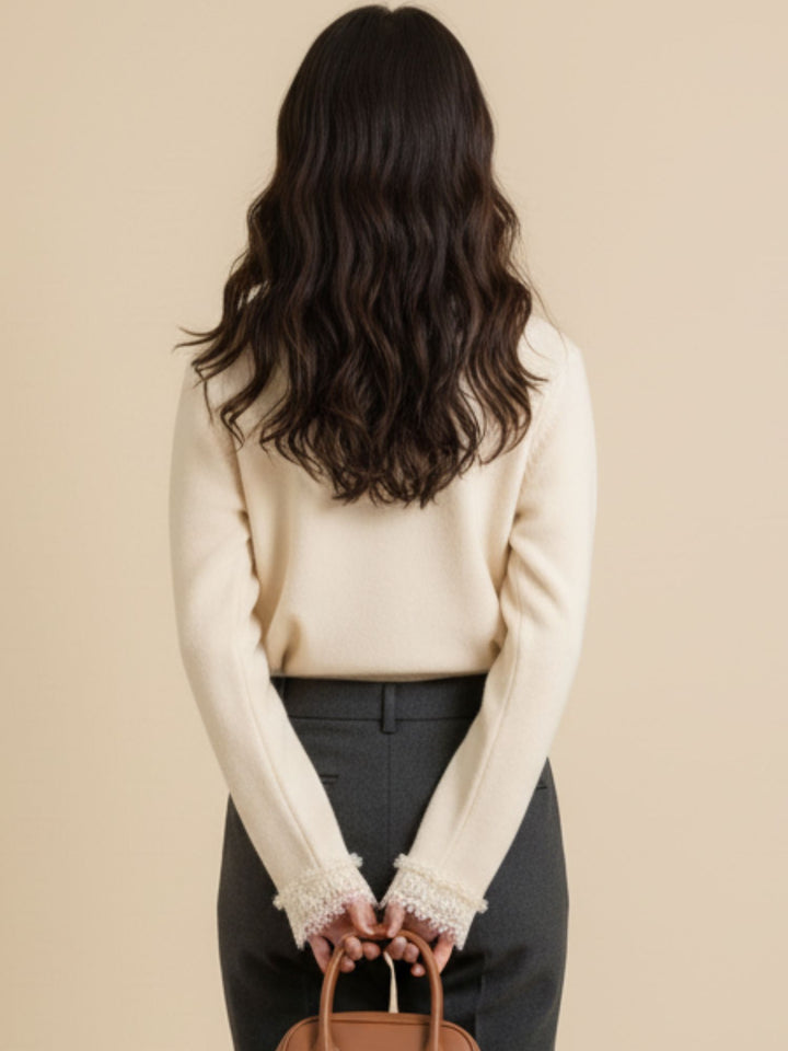 Off White Full Sleeve Lace Hem Buttoned Top