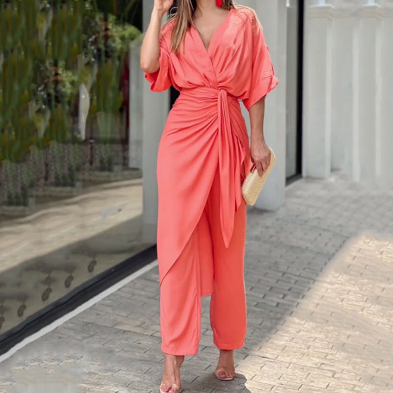 Red V Neck Waist Tie Up Dress