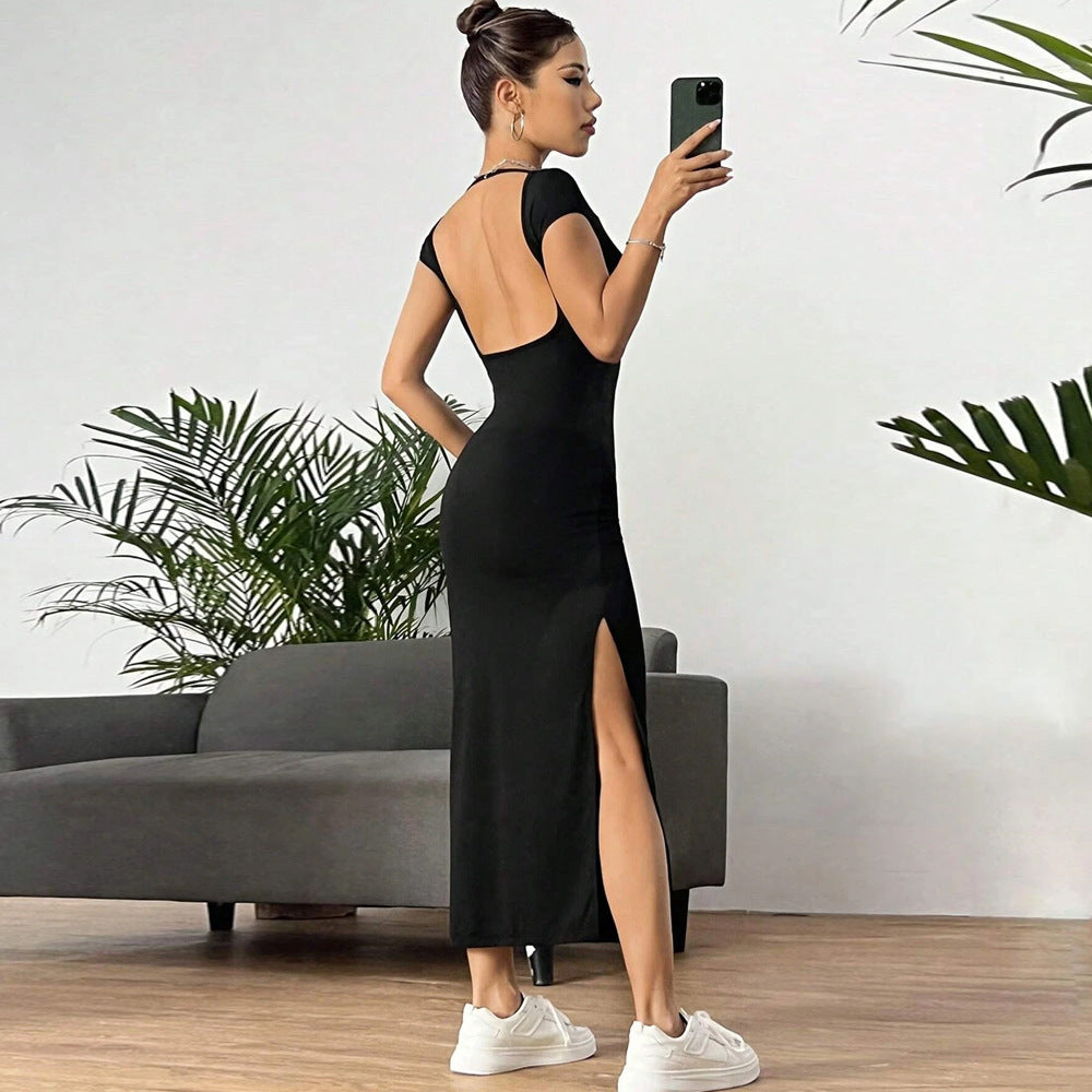 Black Cap Sleeved Deep Back Dress