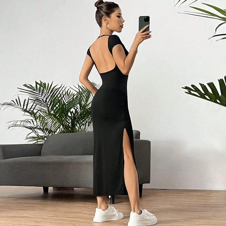 Black Cap Sleeved Deep Back Dress