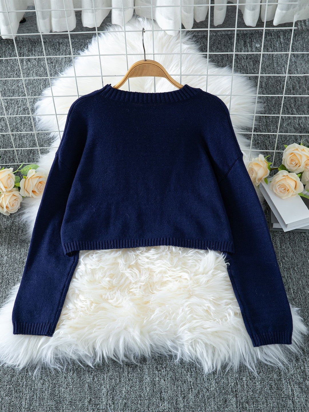 Navy Blue Full Sleeves Printed Relaxed Sweater