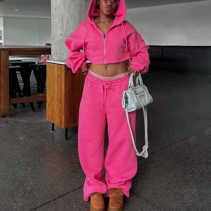 Magenta Crop Hoodie With Relaxed Fit Jogger Co-Ord Set