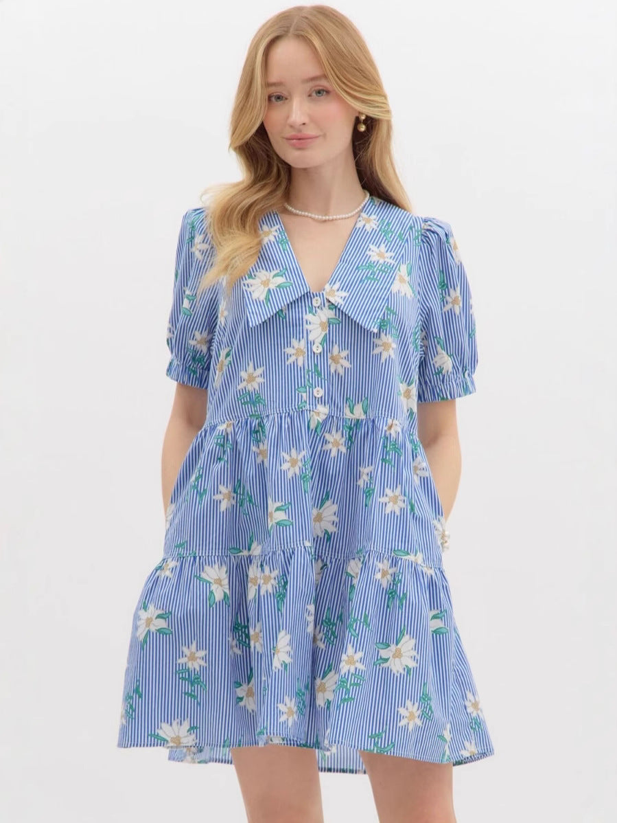 Blue Puff Sleeve Big Collared Dress