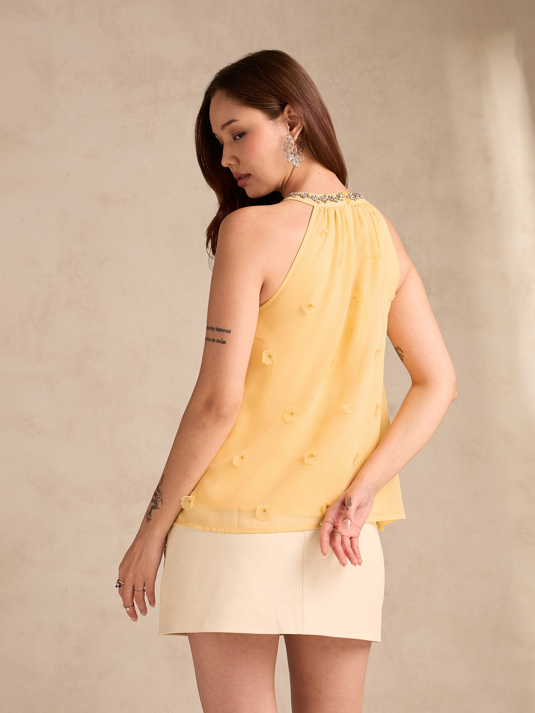 Yellow Halter Neck Top In 3D Floral Embellished Fabric