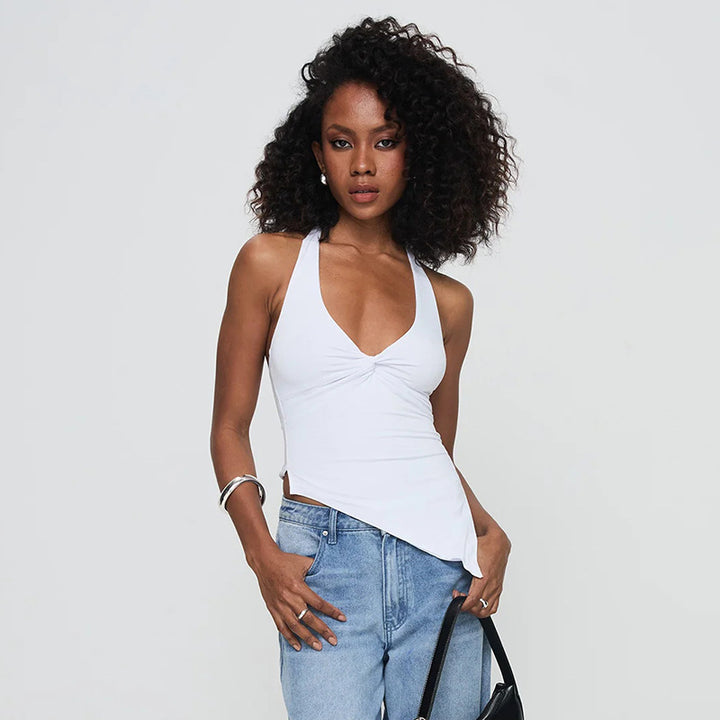 White Asymmetrical Hem With Halter Camisole Top