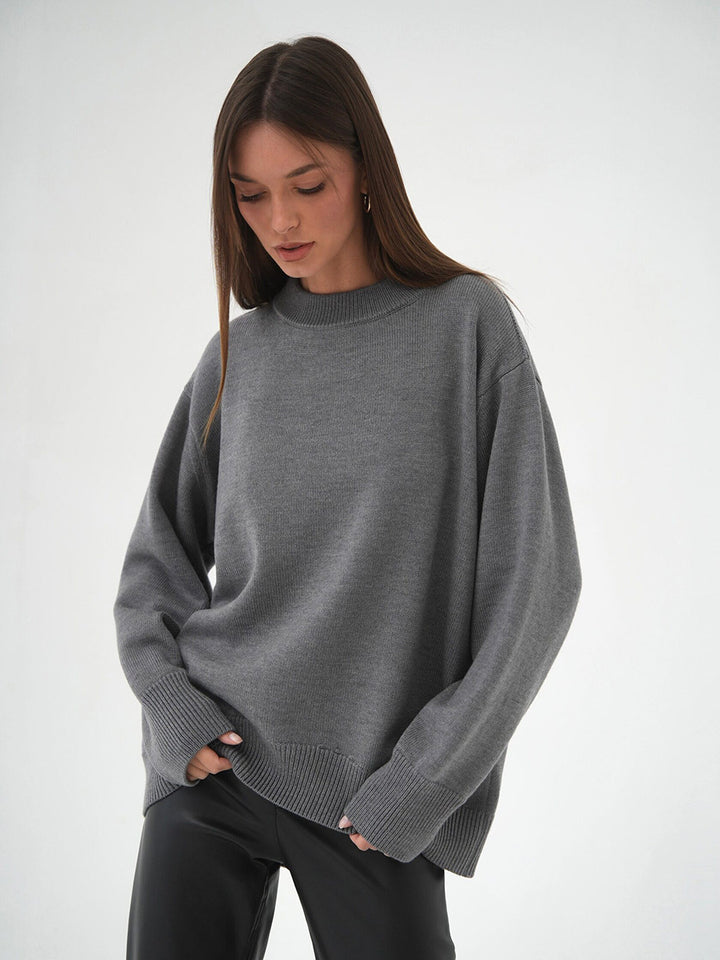 Grey Relaxed High Neck Solid Sweater