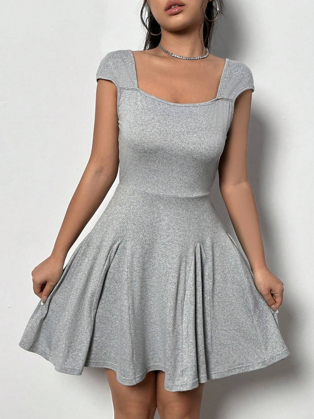 Grey Square Neck Strappy Backless Skater