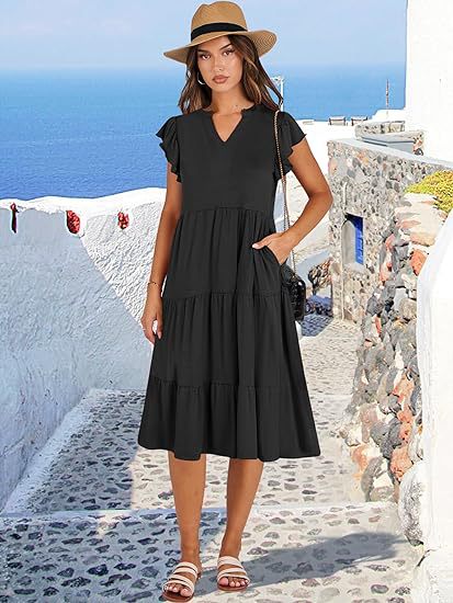 Black High V Neck Tiered Dress With Pockets