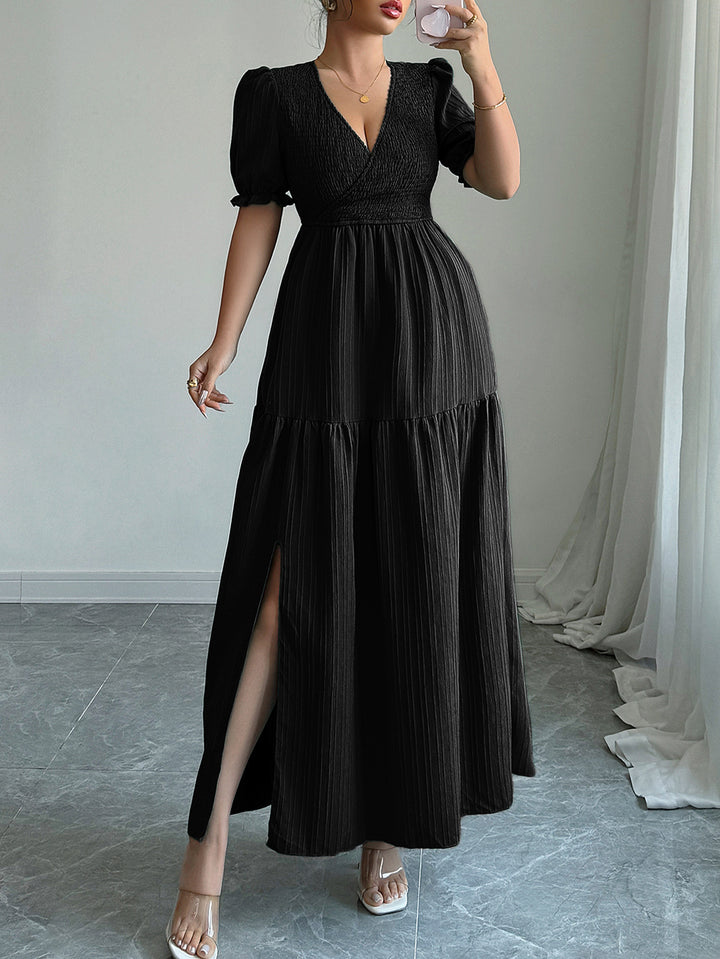Black Plunge Neck Tiered Dress