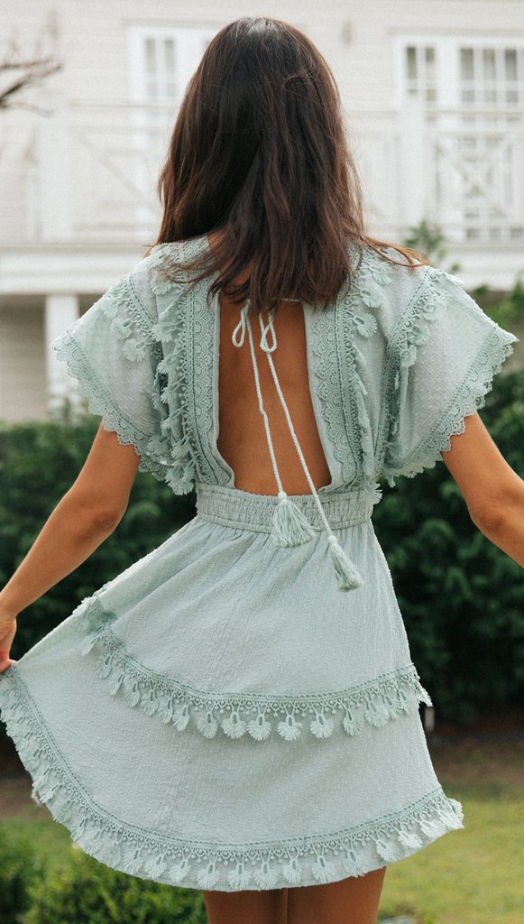 Green Plunge Neck Bat Sleeves Dress