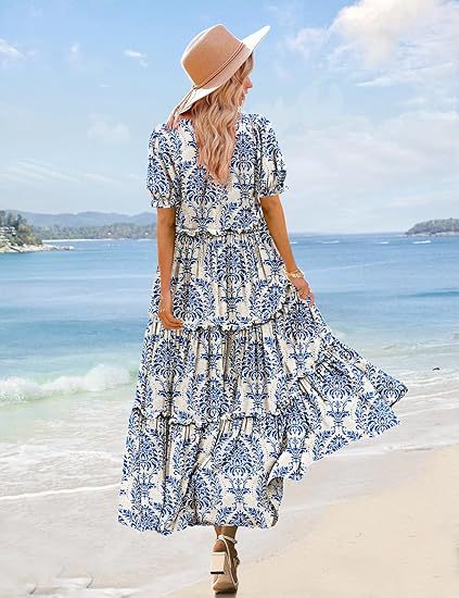 Blue Scoop Round Neck Printed Tiered Dress