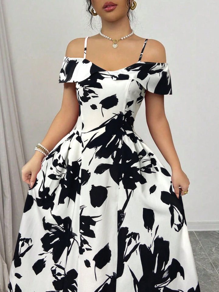 Black Cold Shoulder Printed Dress