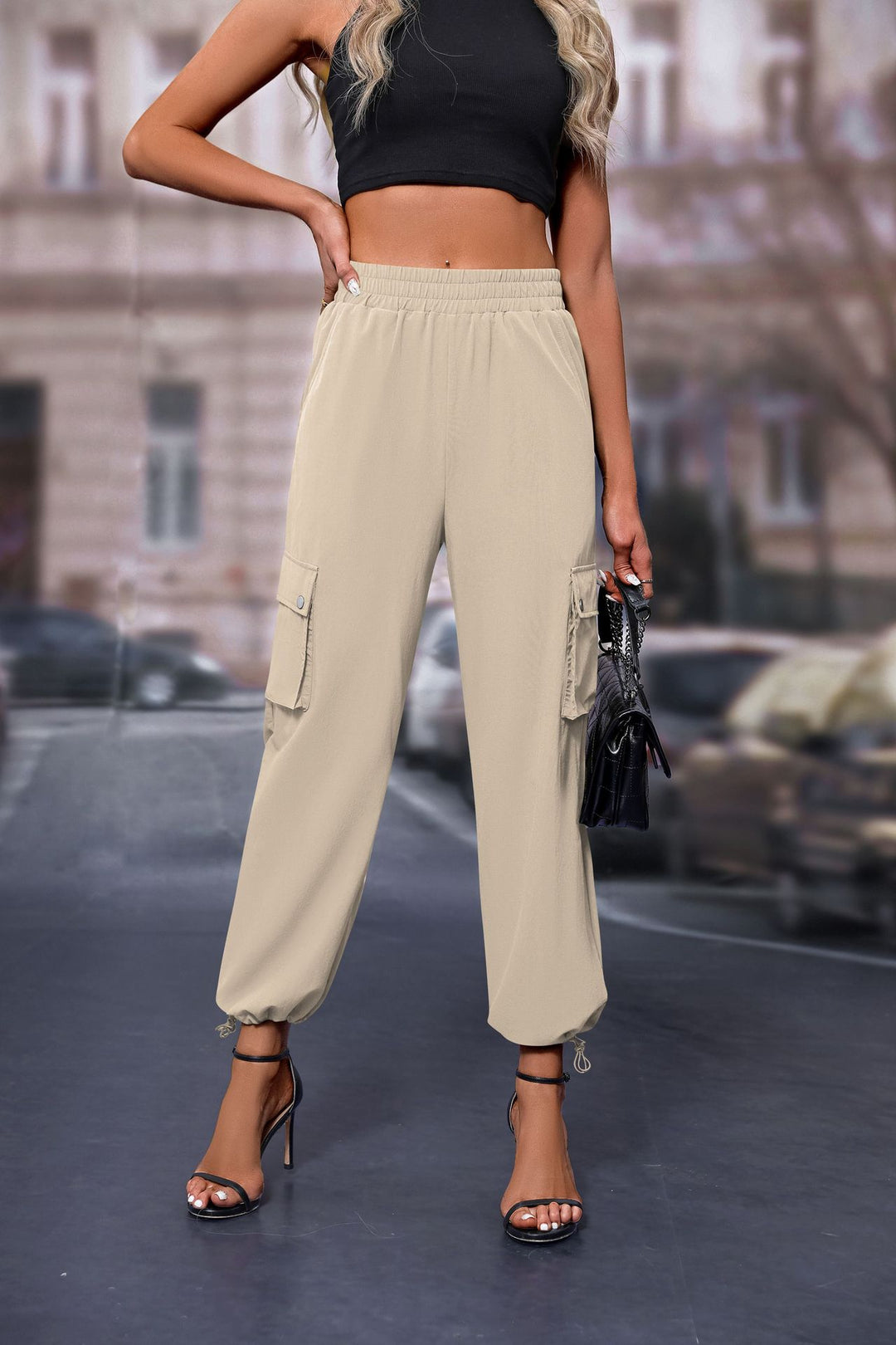 Cream Elasticated Parachute Cargo Sweatpants