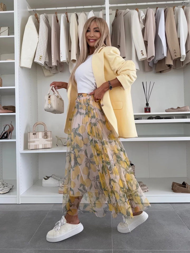 Yellow Printed Pleated Flowy Skirt